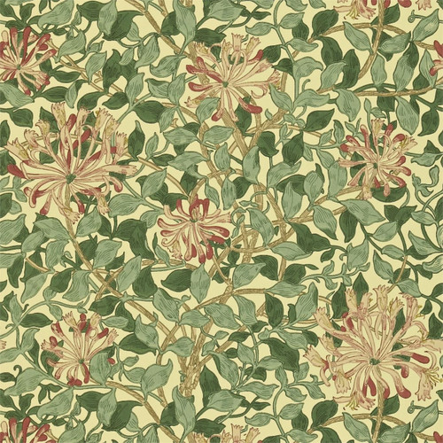 Morris & Co Honeysuckle Wallpaper 210436 Green Coral Pink showing climbing honeysuckle flowers with entwining leaves in green and coral tones