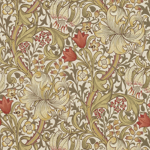 Morris & Co Golden Lily Biscuit Brick wallpaper showing large lily flowers with flowing foliage and detailed botanical pattern in warm neutral tones