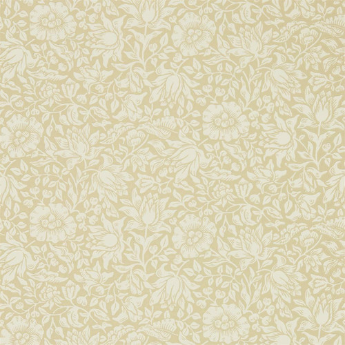 Morris & Co Mallow Soft Gold wallpaper showing small scale hibiscus flowers and delicate botanical foliage in warm gold tones