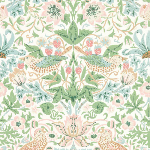 Morris & Co Simply Strawberry Thief Cochineal Pink wallpaper showing birds, strawberries and flowing foliage in soft pastel tones