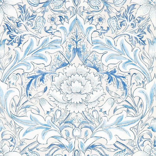 Morris & Co Simply Severn Wallpaper 217075 Woad showing damask pattern with acanthus leaves and central floral motif in soft blue tones