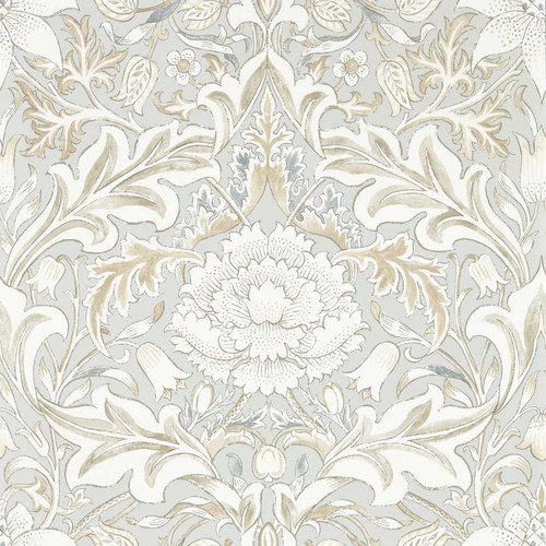 Morris & Co Simply Severn Wallpaper 217076 Dove showing elegant damask pattern with acanthus leaves and central floral motif in soft grey tones