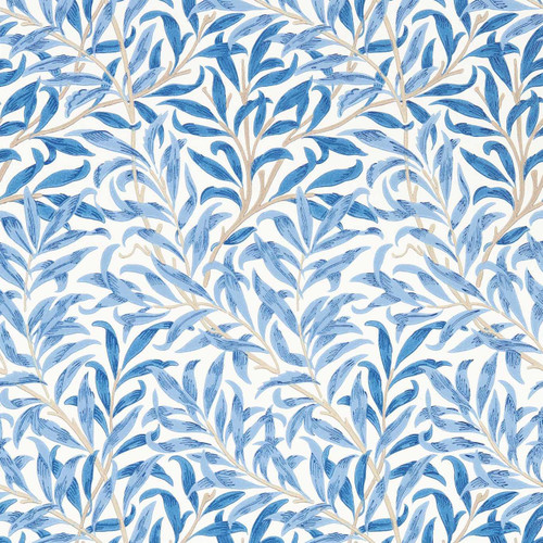 Morris & Co Willow Boughs Woad wallpaper showing flowing willow branches and delicate leaves in rich blue tones