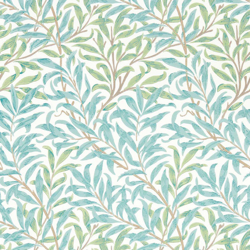 Morris & Co Willow Boughs Willow Sea Glass wallpaper showing flowing willow branches and delicate leaves in soft green and blue tones