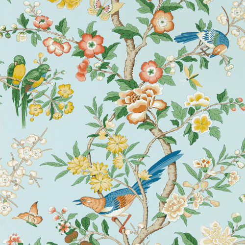 Sanderson Chinoiserie Hall Wallpaper - 217112 - Dawn Blue / Persimmon