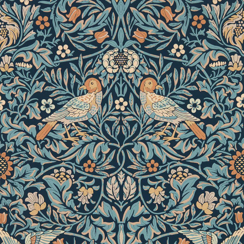 Morris & Co Bird Wallpaper 217193 Webb's Blue showing paired birds with intricate foliage and floral pattern on a deep blue background