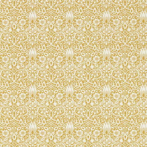 Morris & Co Borage Wallpaper 217197 Sunflower featuring symmetrical floral pattern in warm golden yellow tones on a light background
