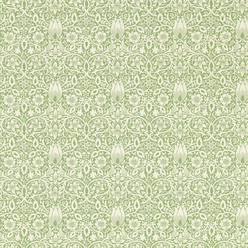 Morris & Co Borage Wallpaper 217198 Leafy Arbour showing symmetrical floral pattern with stylised flowers and foliage in soft green tones
