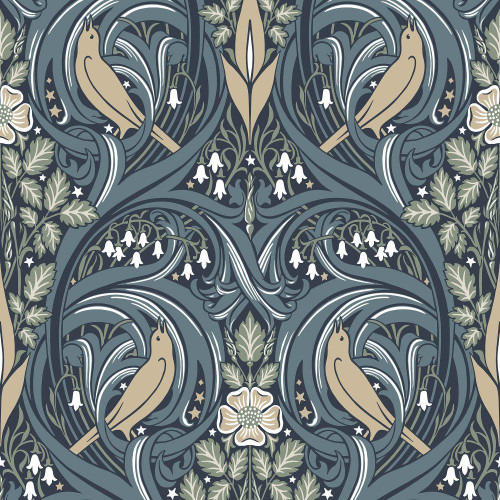 Galerie Bird Scroll Wallpaper - ET12212 - Blue / Olive / Beige