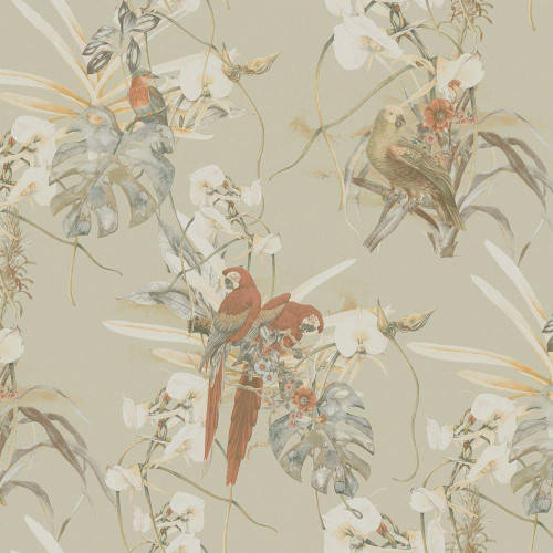 Galerie Exotic Parrot Motif Wallpaper - BW51027 - Orange / Brown / Beige