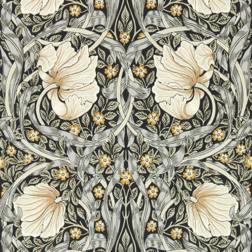 Morris & Co Pimpernel Wallpaper 217362 Ink Sage showing swirling floral pattern with large flowers and flowing tendrils on a dark background with sage green tones