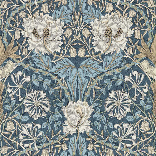 Morris & Co Honeysuckle & Tulip Woad Thyme wallpaper showing detailed botanical pattern with large tulip flowers and flowing honeysuckle vines