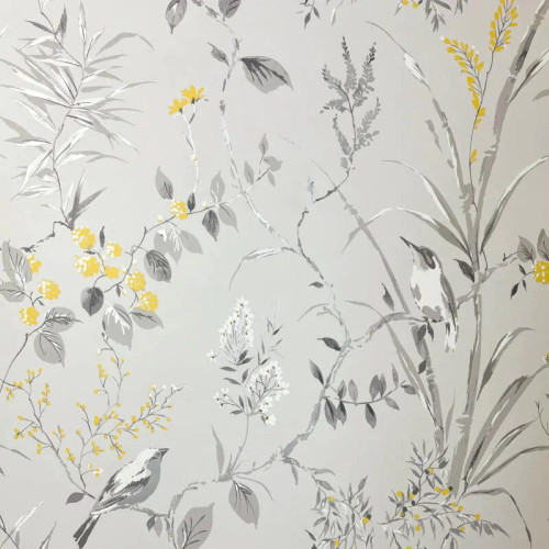 Crown Wallcoverings Mariko Floral Wallpaper - M1551 - Grey / Yellow