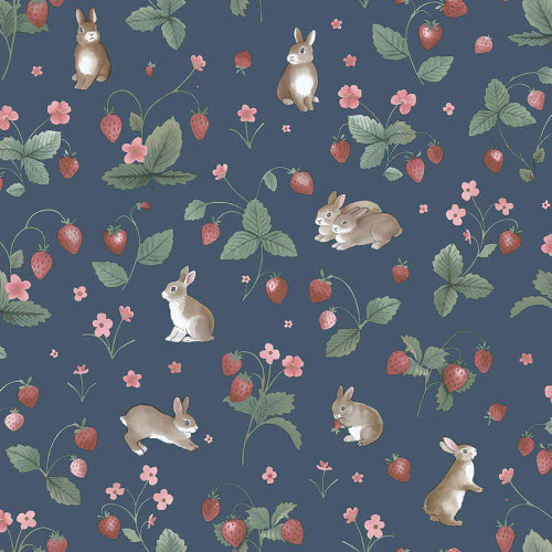 Close-up motif Holden Decor Bunnies & Berries 14142 Navy rabbits & strawberries