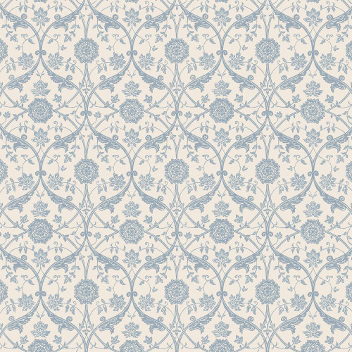 Laura Ashley Endale Trellis wallpaper in Newport Blue with floral trellis pattern on an off-white background