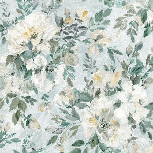 Laura Ashley Elowen Peony wallpaper in pale teal with large painterly peony flowers and soft foliage
