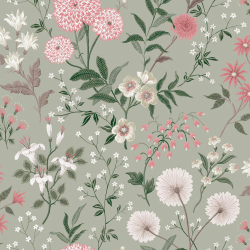 Laura Ashley Otterham Garden wallpaper in pistachio green with detailed wildflowers and trailing foliage