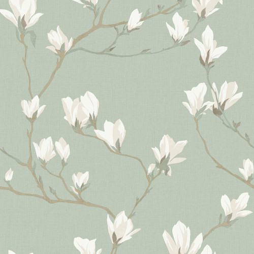 Laura Ashley Magnolia Grove wallpaper with white magnolia flowers on soft eau de nil green background