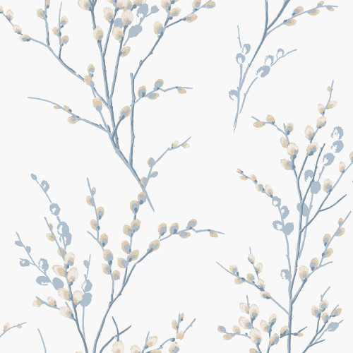 Laura Ashley Pussy Willow wallpaper with pale blue branches and soft catkins on a white background