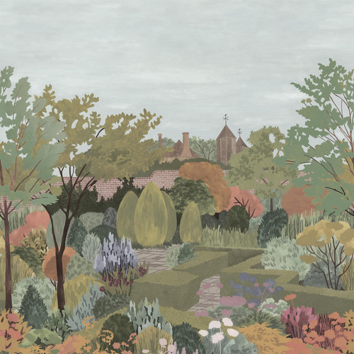 Square cropped swatch of Little Greene Castle Garden wallpaper mural in Sage Green, showing part of the illustrated garden scene with trees, planting, and soft sky tones