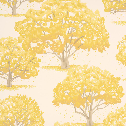 Swatch image of Little Greene Magnolia Blossom wallpaper in Indian Yellow, showing stylised magnolia trees in warm yellow tones on a pale background