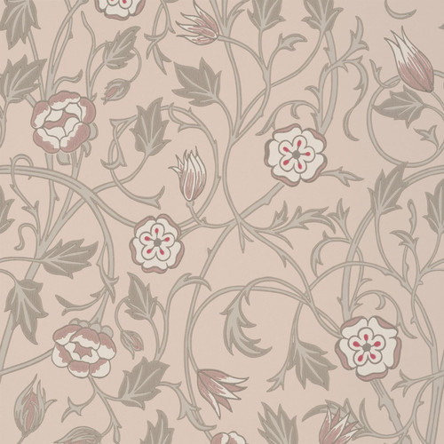 May’s Tulip wallpaper by Little Greene in Castell Pink, showing flowing tulip motifs and soft floral detailing on a warm pink background.