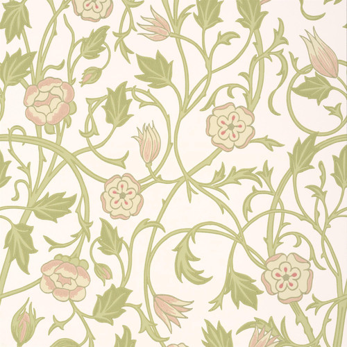 May’s Tulip wallpaper by Little Greene in Clay, featuring flowing tulip motifs in soft green with subtle blush details on a pale neutral background.