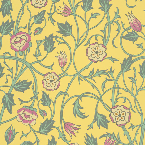 May’s Tulip wallpaper by Little Greene in the Indian Yellow colourway, showing flowing tulip flowers and foliage in soft green, blue and pink on a warm yellow background.