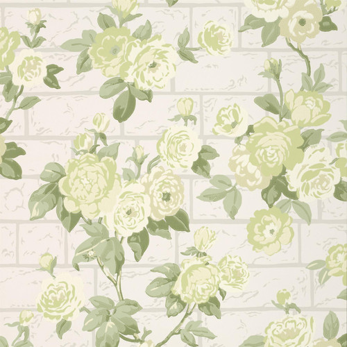 Little Greene Rose Garden wallpaper in Slaked Lime, featuring soft green roses and foliage over a pale lime-toned brick-effect background.