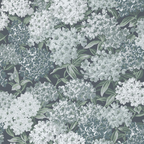 Little Greene Rhododendron Walk wallpaper swatch in Hicks’ Blue showing layered white florals and green foliage on a deep blue background