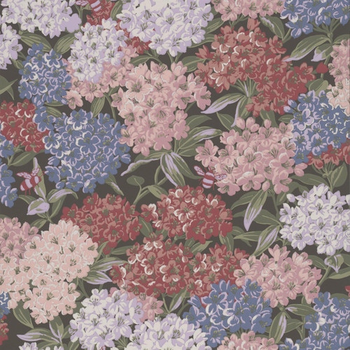 Little Greene Rhododendron Walk wallpaper swatch in Invisible Green showing layered pink, cream and blue florals on a deep green background