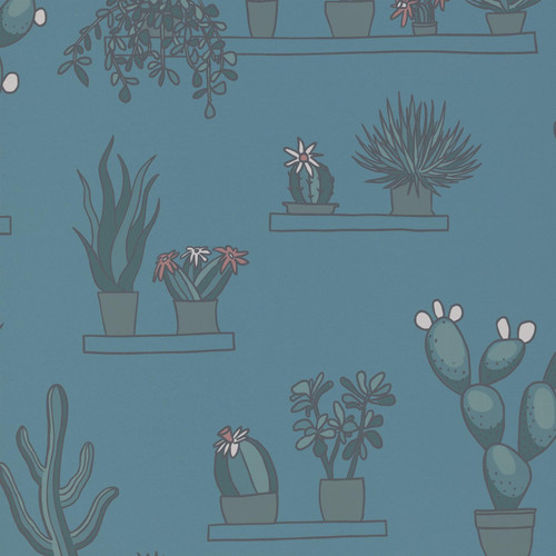 Little Greene Mr Straw’s Greenhouse wallpaper swatch in Air Force Blue, showing illustrated potted plants arranged on shelves against a blue background.
