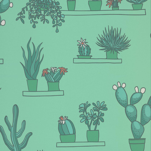 Little Greene Mr Straw’s Greenhouse wallpaper swatch in Green Verditer, showing illustrated potted plants arranged on shelves against a soft turquoise-green background.