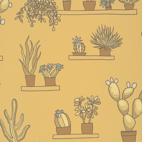 Little Greene Mr Straw’s Greenhouse wallpaper swatch in Light Gold, showing illustrated potted plants displayed on shelves against a warm yellow background.