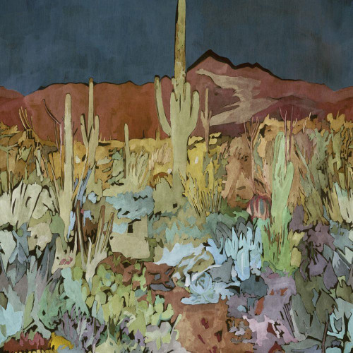 Harlequin Saltillo Wallpaper 113370 Midnight Burnt Umber Azure featuring a painterly desert landscape with cacti and distant mountains.