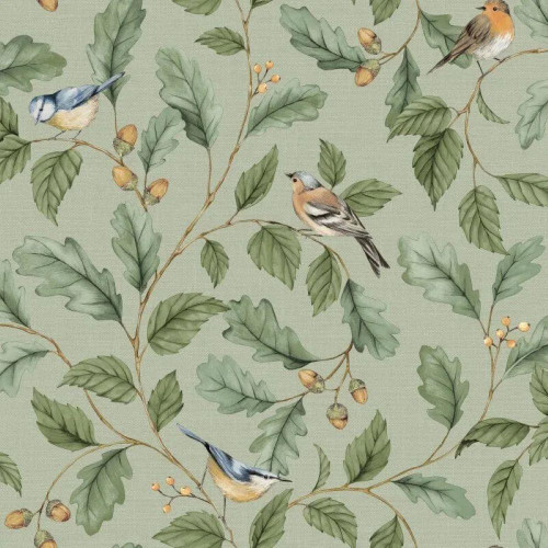 Crown Wallcoverings Oakleigh Trail M1883 Sage featuring birds on oak branches with green leaves and acorns.