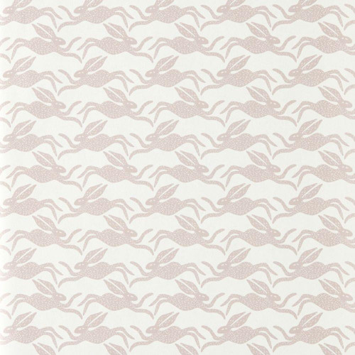 Scion Hares Wallpaper 113403 Lilac featuring repeating running hare motif in soft purple on a neutral background.