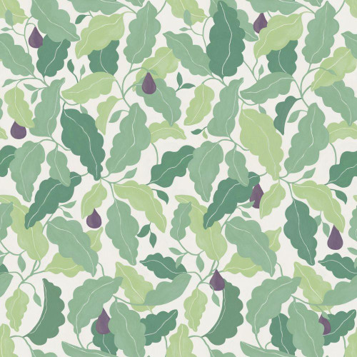 Scion Pomona Fig Wallpaper 113425 Fig Forest featuring layered green fig leaves with deep purple fruit.
