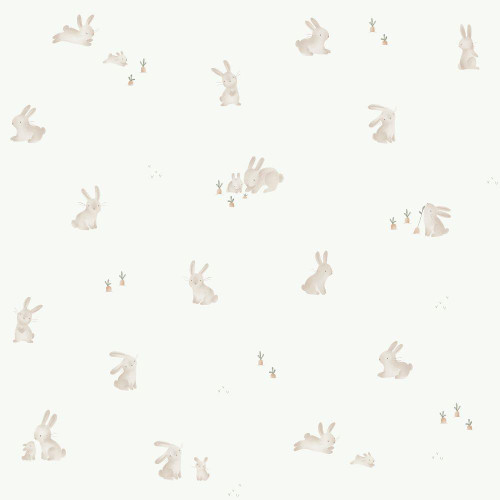 Little Dutch Baby Bunny Wallpaper WD110023 Brown White with small watercolour rabbits on white background.