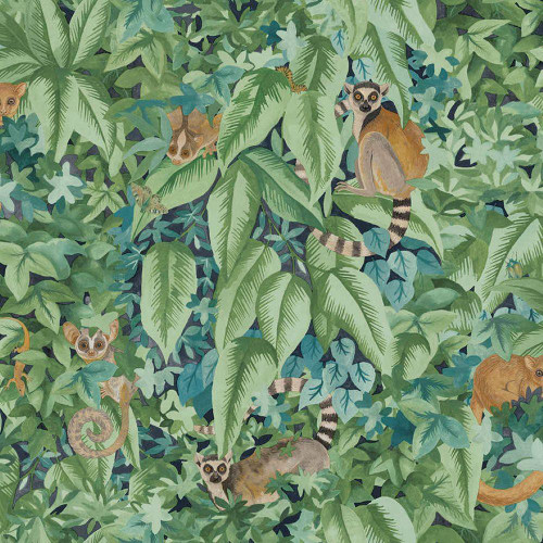 Holden Decor Lemur Leaves Wallpaper 14311 Aqua Green showing tropical jungle foliage with ring-tailed lemurs hidden among palm leaves