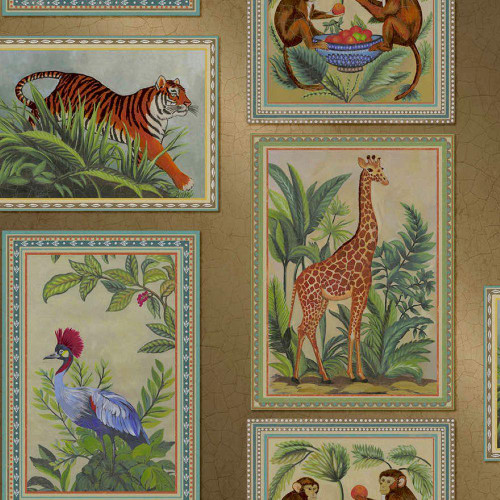 Holden Decor Tropical Frames wallpaper gold animal illustrations in framed panels with botanical detail