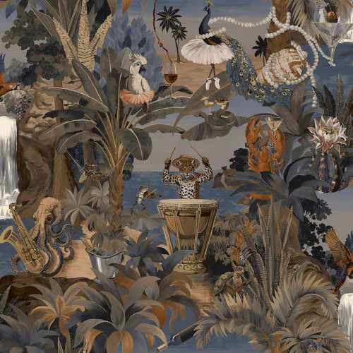 Holden Decor Animal Beach Party wallpaper navy tropical jungle scene with animals birds and foliage