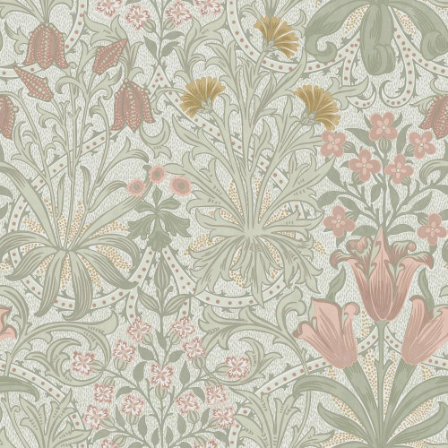 light floral wallpaper with woodland weeds pattern in sage green, peony pink and soft yellow tones