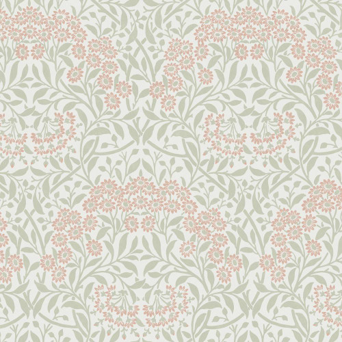 light floral wallpaper with michaelmas daisy pattern in peony pink and sage green tones
