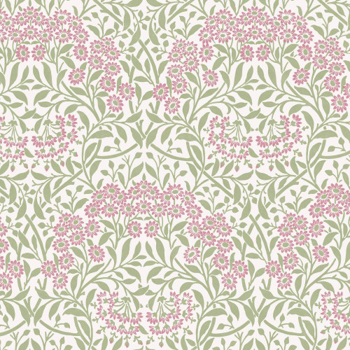 light floral wallpaper with michaelmas daisy pattern in pink and green tones