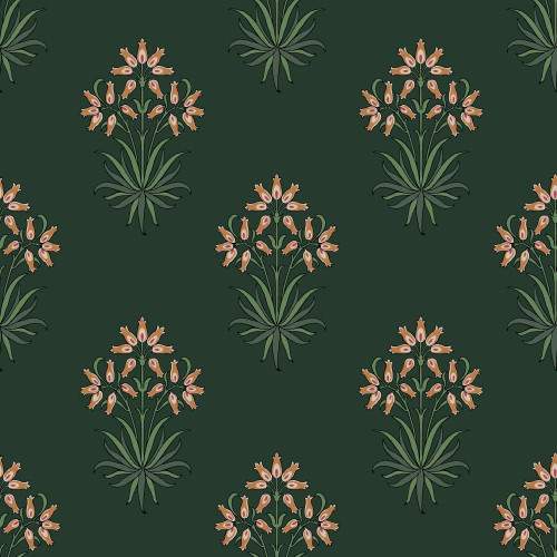 forest green wallpaper with repeating hyacinth flower motif in soft pink and green tones