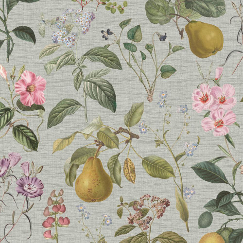 sage green botanical wallpaper with pears, flowers and foliage in soft natural colours