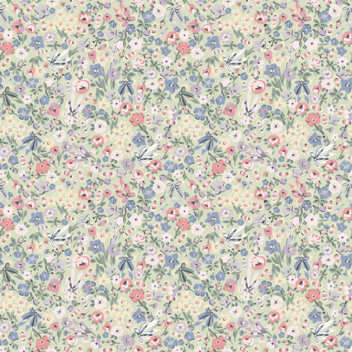 sage green ditsy floral wallpaper with small flowers and foliage in pastel colours