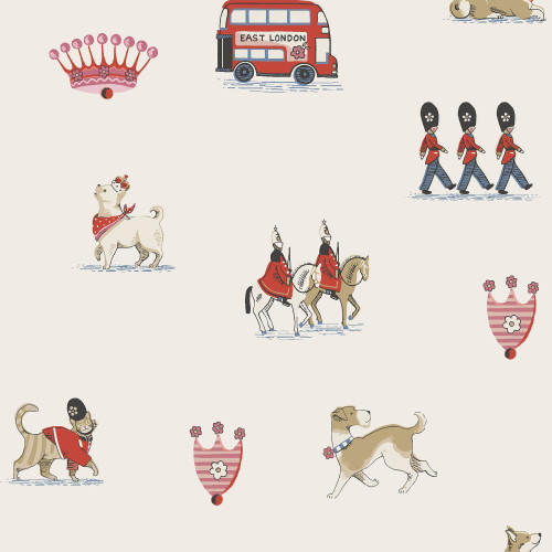 cream wallpaper with London themed illustrations including guards, dogs and royal motifs