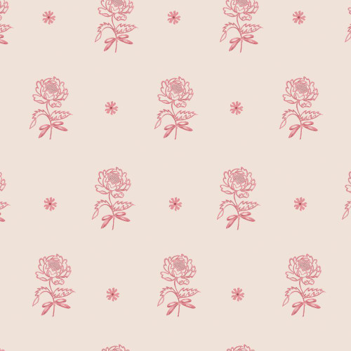 cream wallpaper with small pink floral bunch pattern in a delicate repeat design